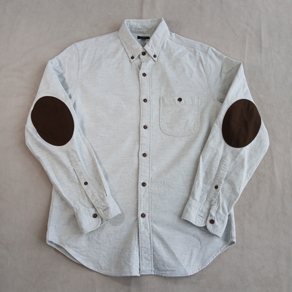 J Crew Small Mens Shirt Chamois Elbow Patches Gray FLAW 20x27